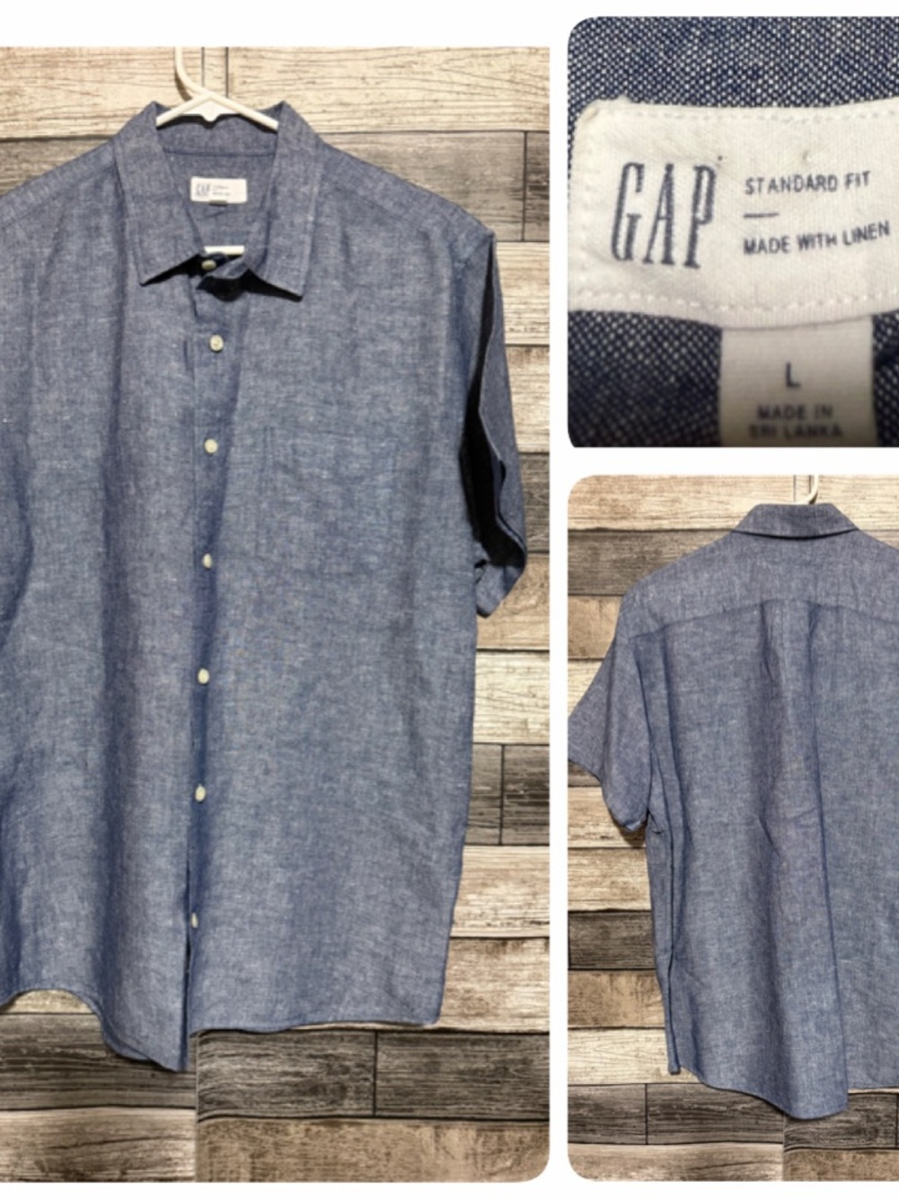 Gap Standard Fit Chambray Linen Blend Short Sleeve Button Up Shirt Men’s L Blue